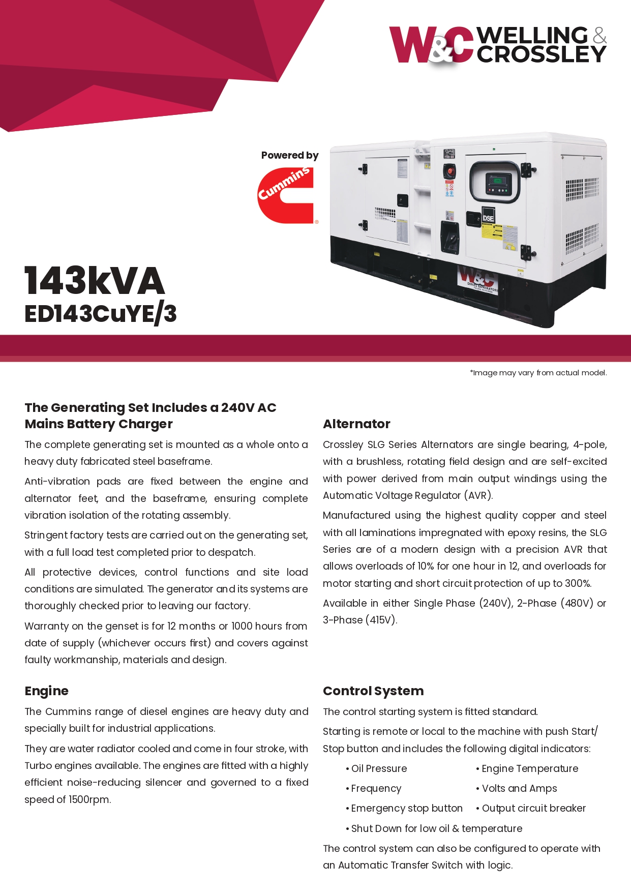WELLING AND CROSSLEY 143KVA 3 PHASE STANDBY DIESEL GENERATOR WITH CUMMINS ENGINE 415943 ED143CuYE/3 - FREIGHT QUOTED SEPARATELY - Image 3