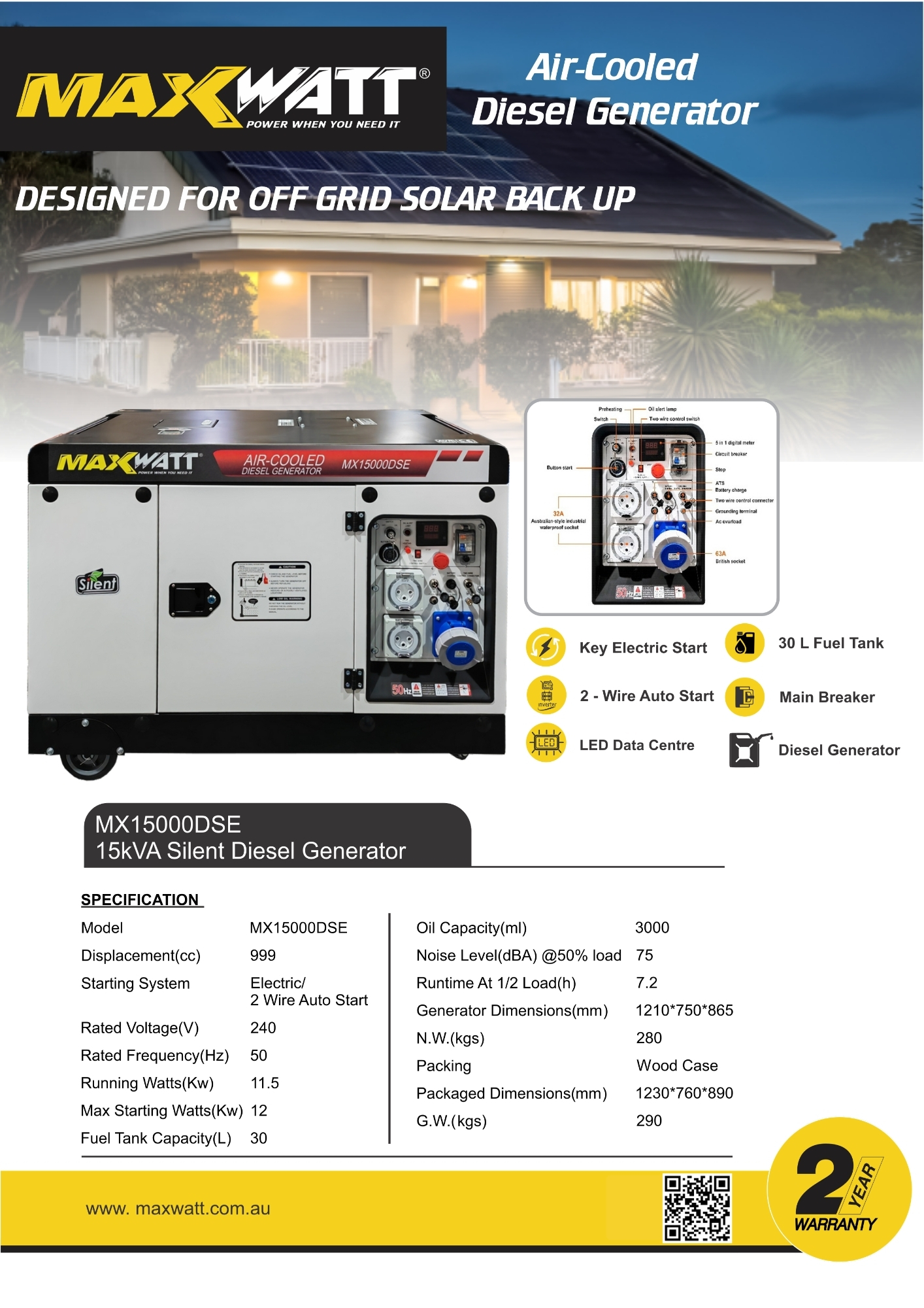 MAXWATT SILENT 15KVA DIESEL 2 WIRE AUTO START GENERATOR MX15000DSE - Image 4